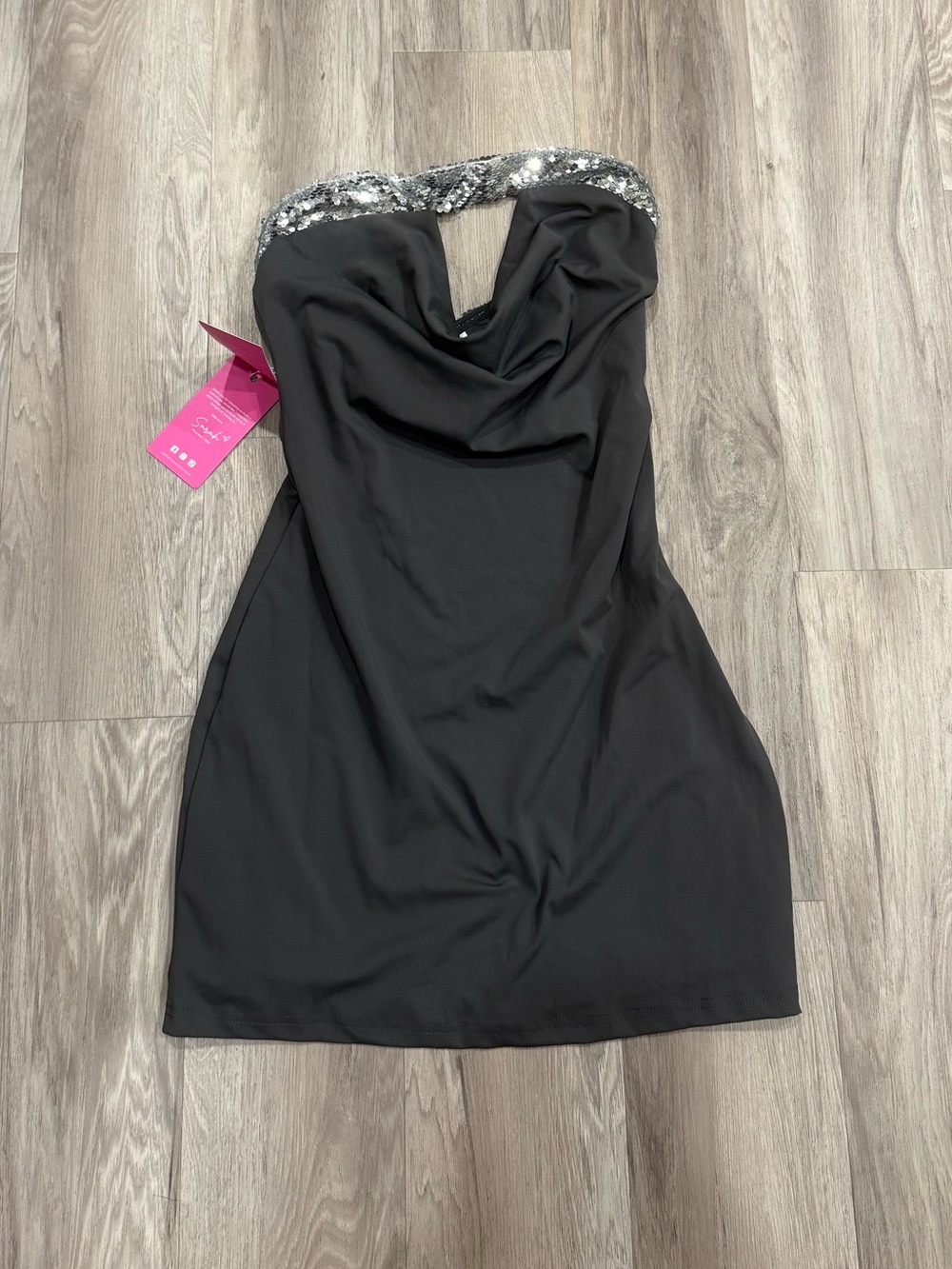 Beginning Boutique Black Strapless Mini Dress with Silver Sequin Trim